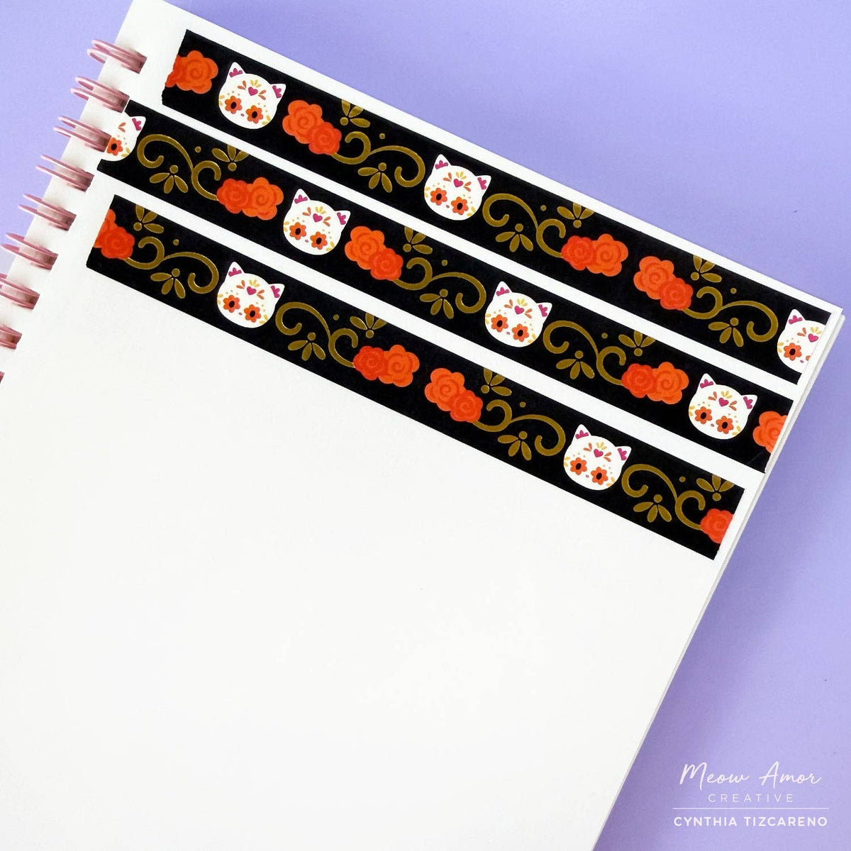 Marigold Sugar Skull Cat Gold Foil Washi Tape | Meow Amor Creative