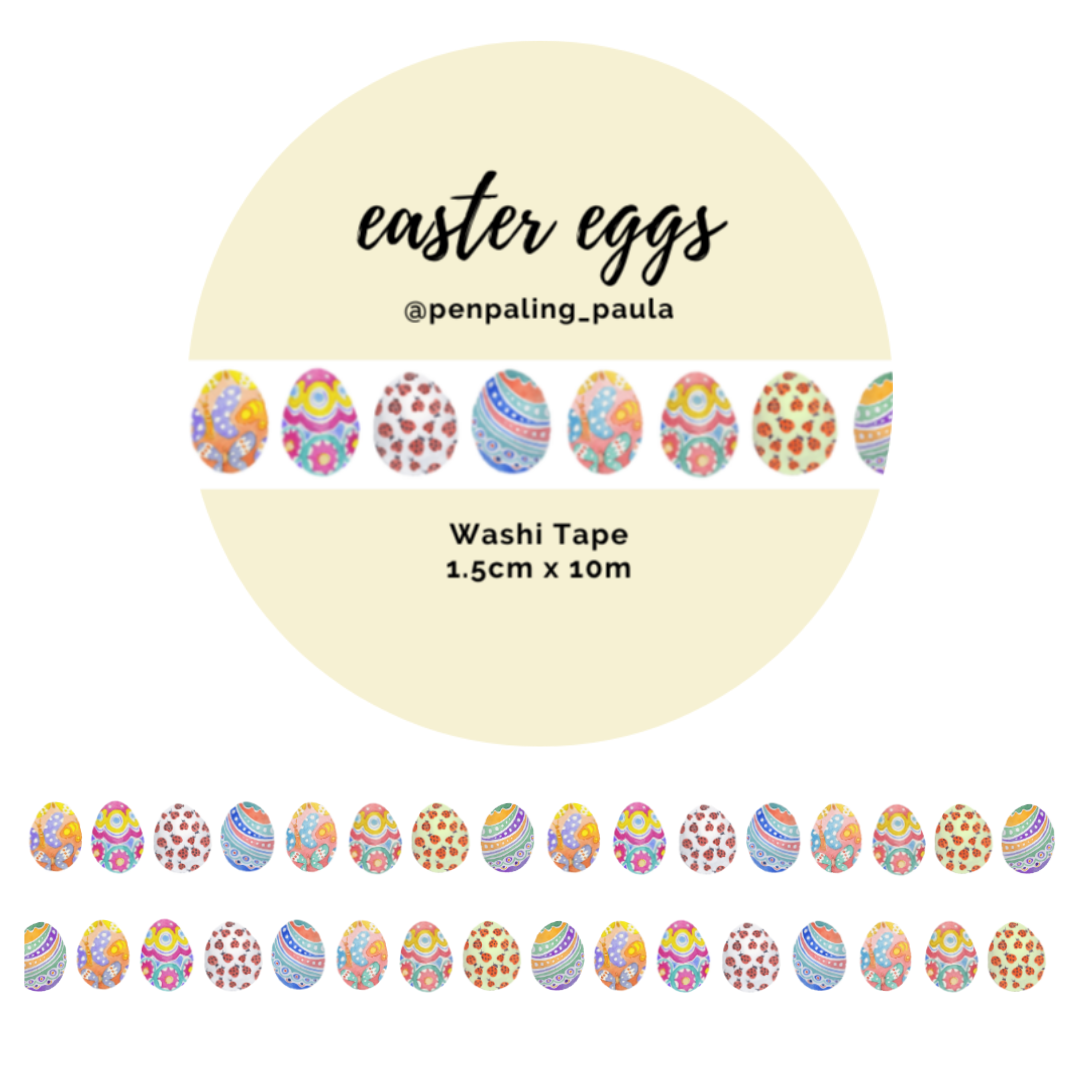 Brightly colored decorated Easter egg pattern washi tape on cream background. 1.5cm wide spring holiday masking tape by @penpaling_paula for planner decoration