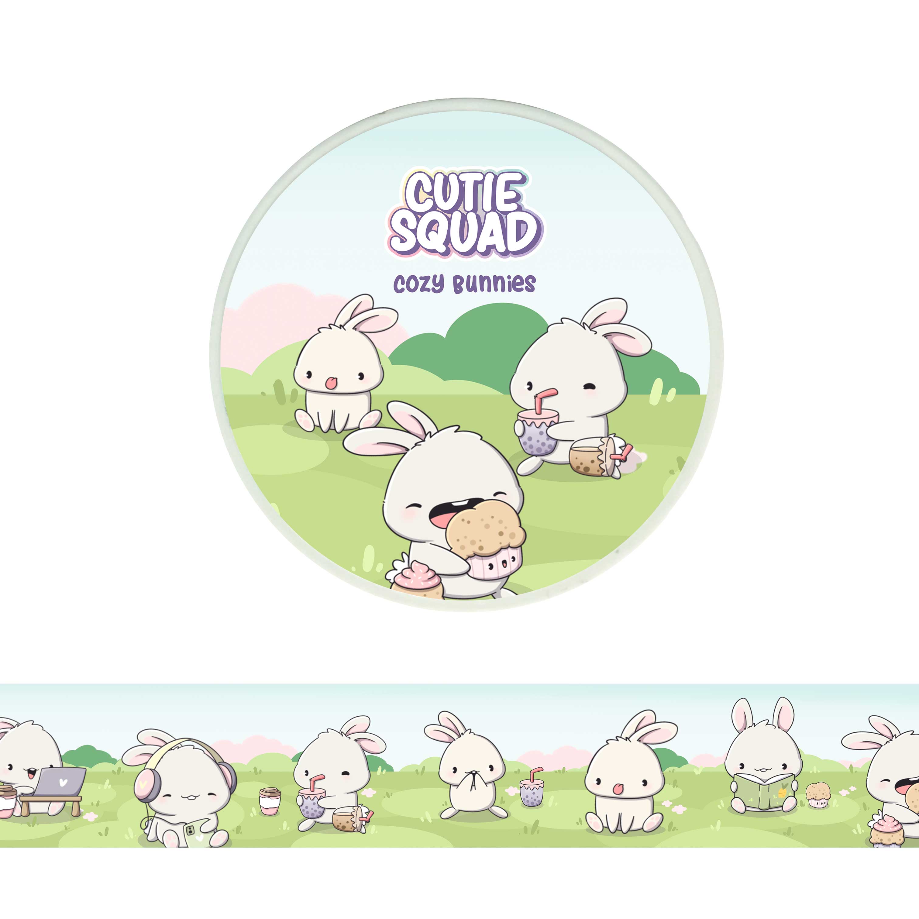 CutieSquad Cozy Bunnies washi tape featuring illustrated bunnies with blankets and mugs