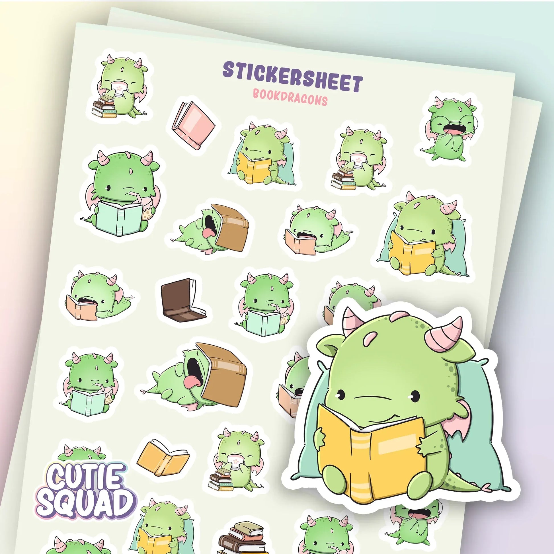 CutieSquad Bookdragons matte vinyl sticker sheet featuring small dragons reading books
