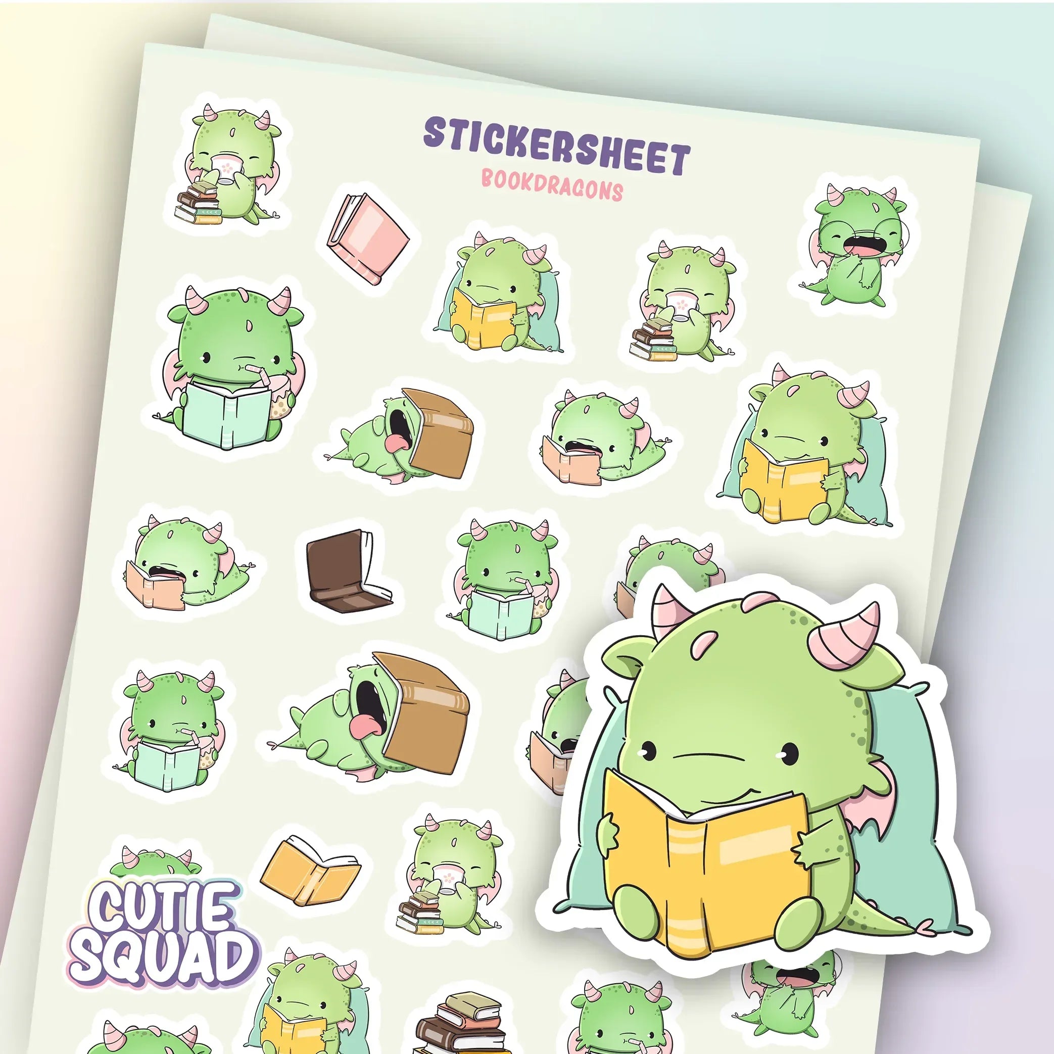 CutieSquad Bookdragons matte vinyl sticker sheet featuring small dragons reading books