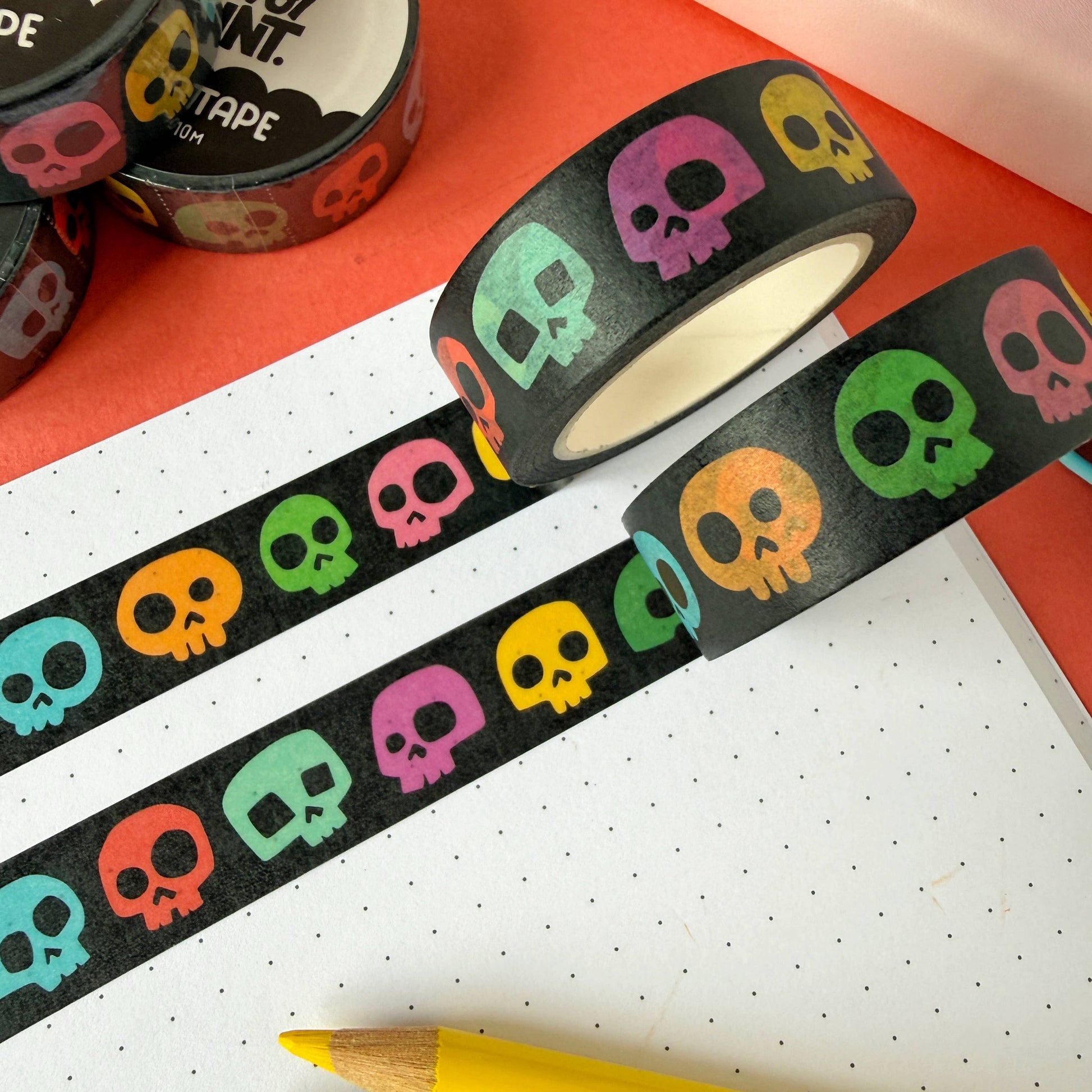 Rainbow Skulls washi tape by Stacey McEvoy Caunt | rainbow-colored skull pattern | Papertail Fox