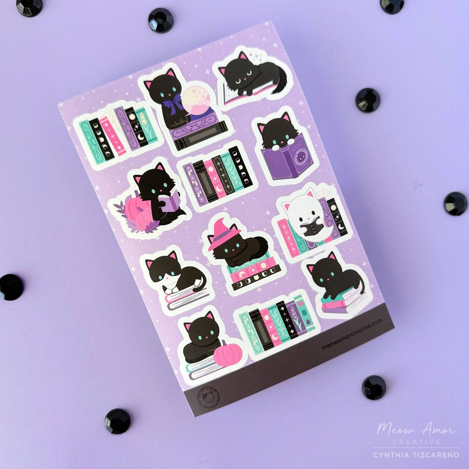 Witchy Book Cat - Purple Vinyl Sticker Sheet by Meow Amor Creative | Papertail Fox