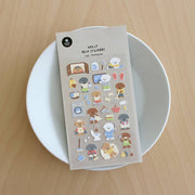 Suatelier Cleaning Day poodle deco sticker sheet with illustrated poodle dogs mopping, doing laundry, scrubbing, and taking out trash in brown, grey, and white, made in South Korea