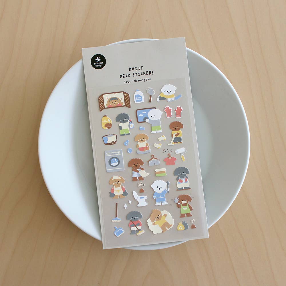 Suatelier Cleaning Day poodle deco sticker sheet with illustrated poodle dogs mopping, doing laundry, scrubbing, and taking out trash in brown, grey, and white, made in South Korea