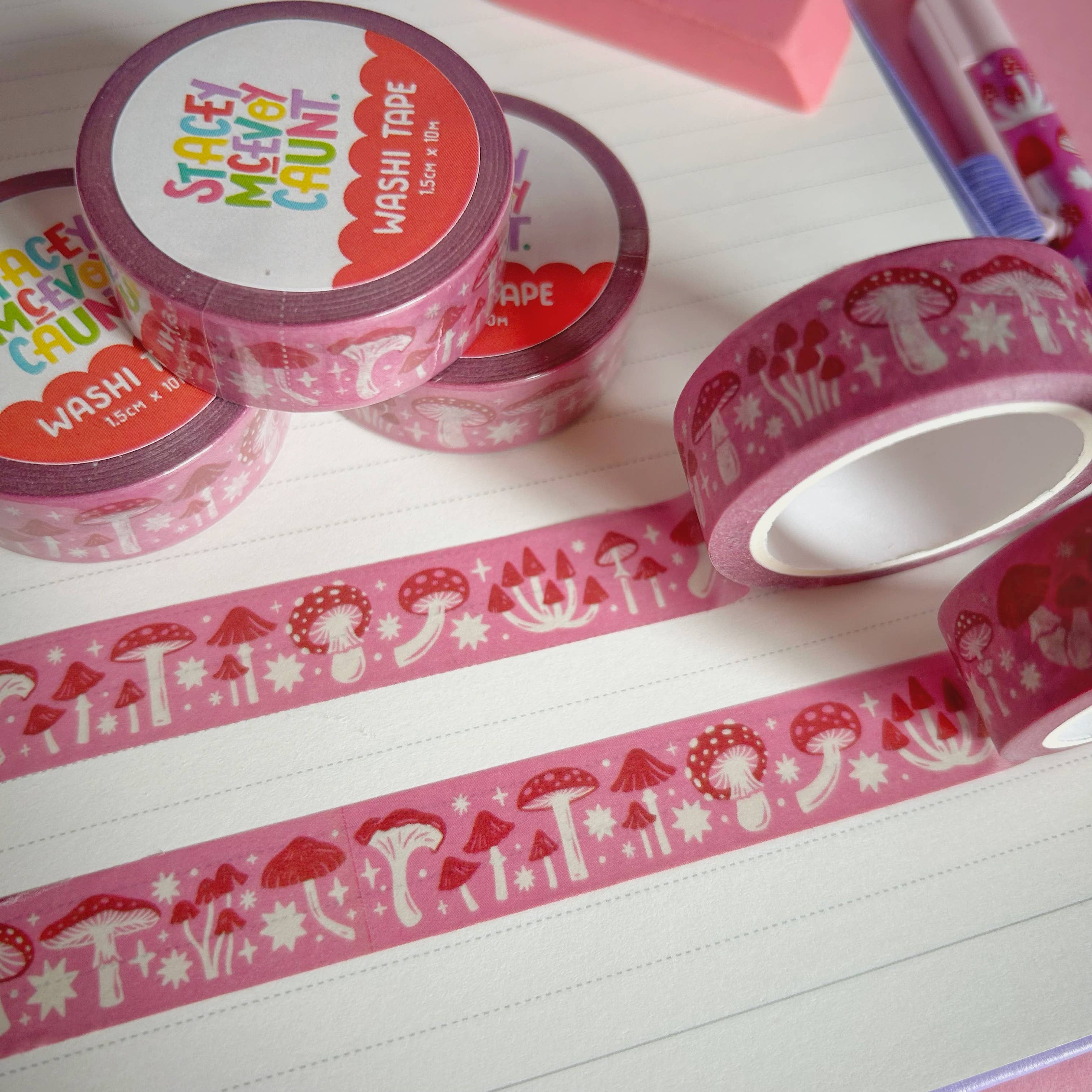 Pink and Red Mushroom washi tape by Stacey McEvoy Caunt | pink and red mushroom pattern | Papertail Fox