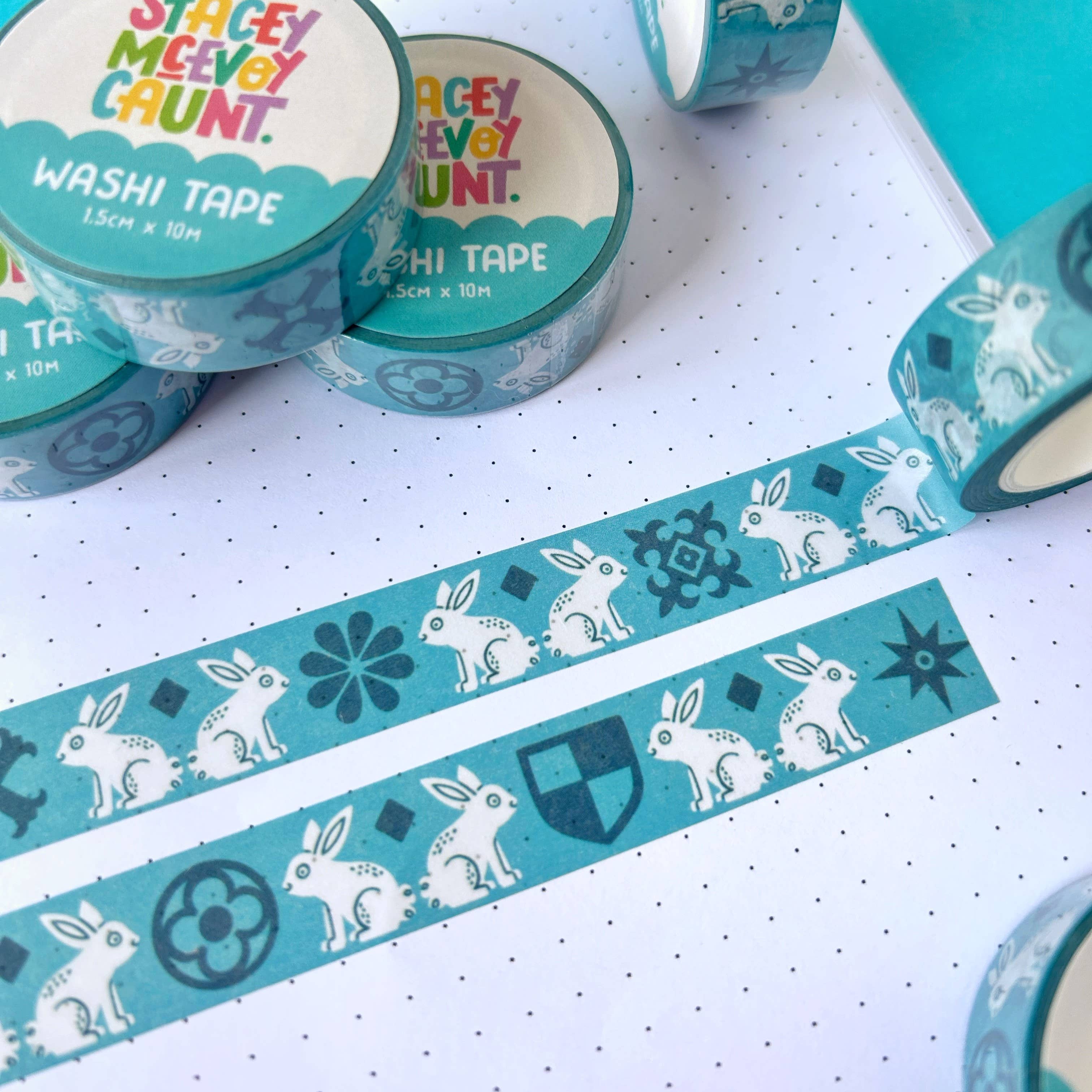 Blue Medieval Bunny washi tape by Stacey McEvoy Caunt | blue medieval bunny pattern | Papertail Fox