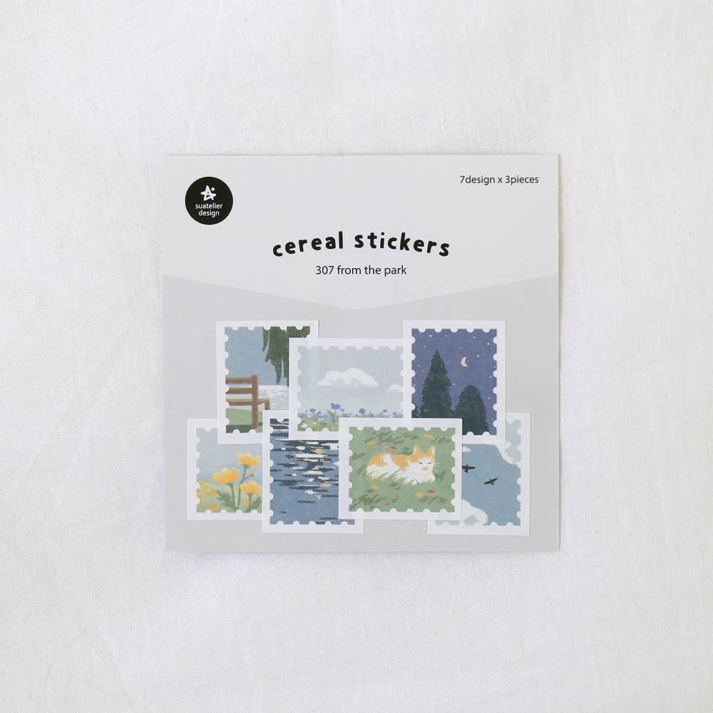 Suatelier From the Park stamp-shaped cereal stickers with illustrated park scenes including bench with willow, pond, sleeping cat, and night sky, 7 designs x 3 pieces, made in South Korea