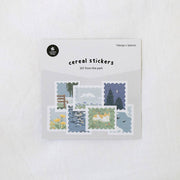 Suatelier From the Park stamp-shaped cereal stickers with illustrated park scenes including bench with willow, pond, sleeping cat, and night sky, 7 designs x 3 pieces, made in South Korea