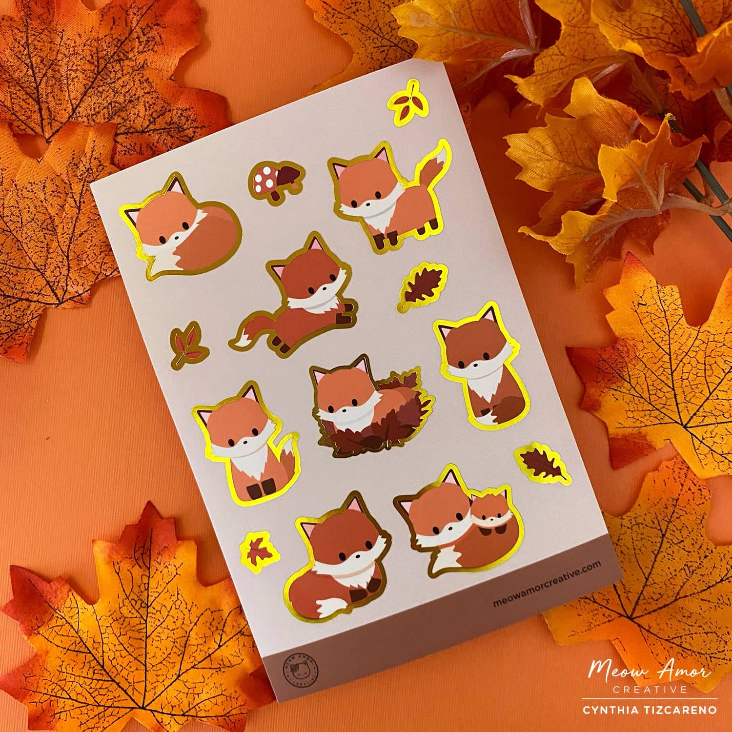Autumn Fox Gold Foil Vinyl Sticker Sheet by Meow Amor Creative | Papertail Fox