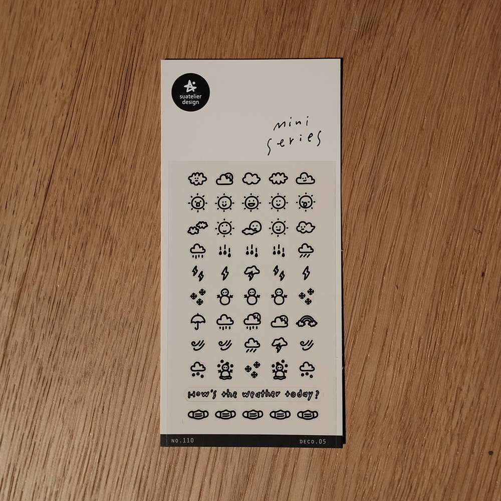 Suatelier Deco.05 weather icons mini sticker sheet with black line-art weather symbols including sun, clouds, rain, snow, lightning, and rainbow, made in South Korea
