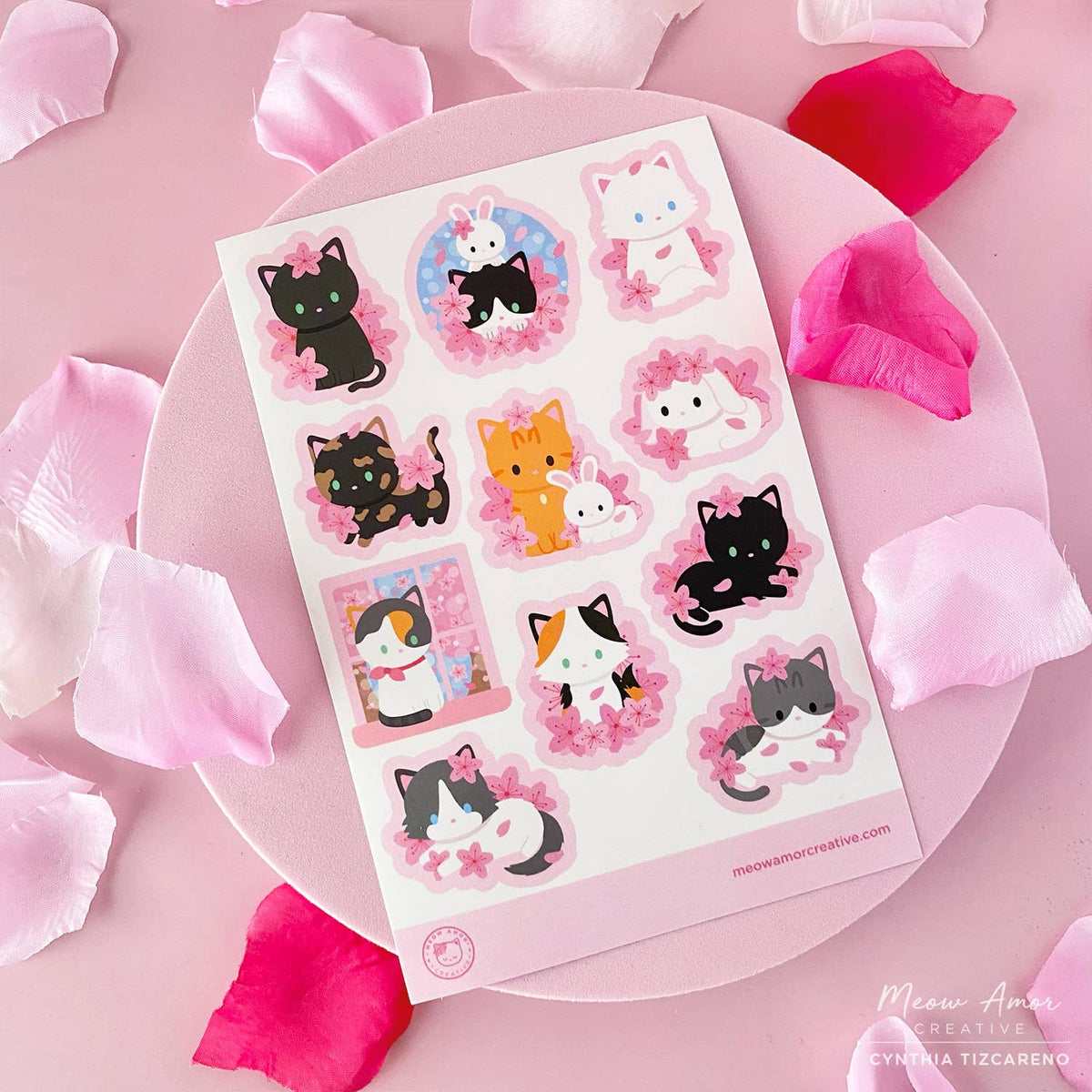 Cherry Blossom Cats Vinyl Sticker Sheet by Meow Amor Creative | Papertail Fox