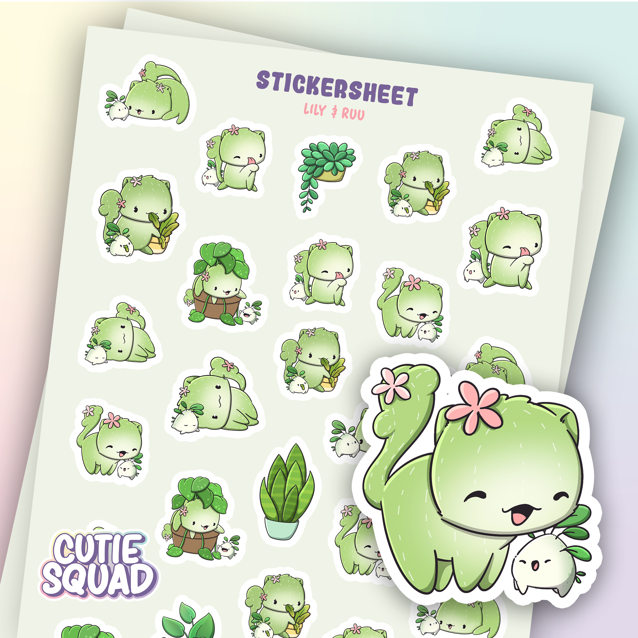 CutieSquad Lily and Ruu Cactus Cat matte vinyl sticker sheet featuring two cactus-shaped cat characters