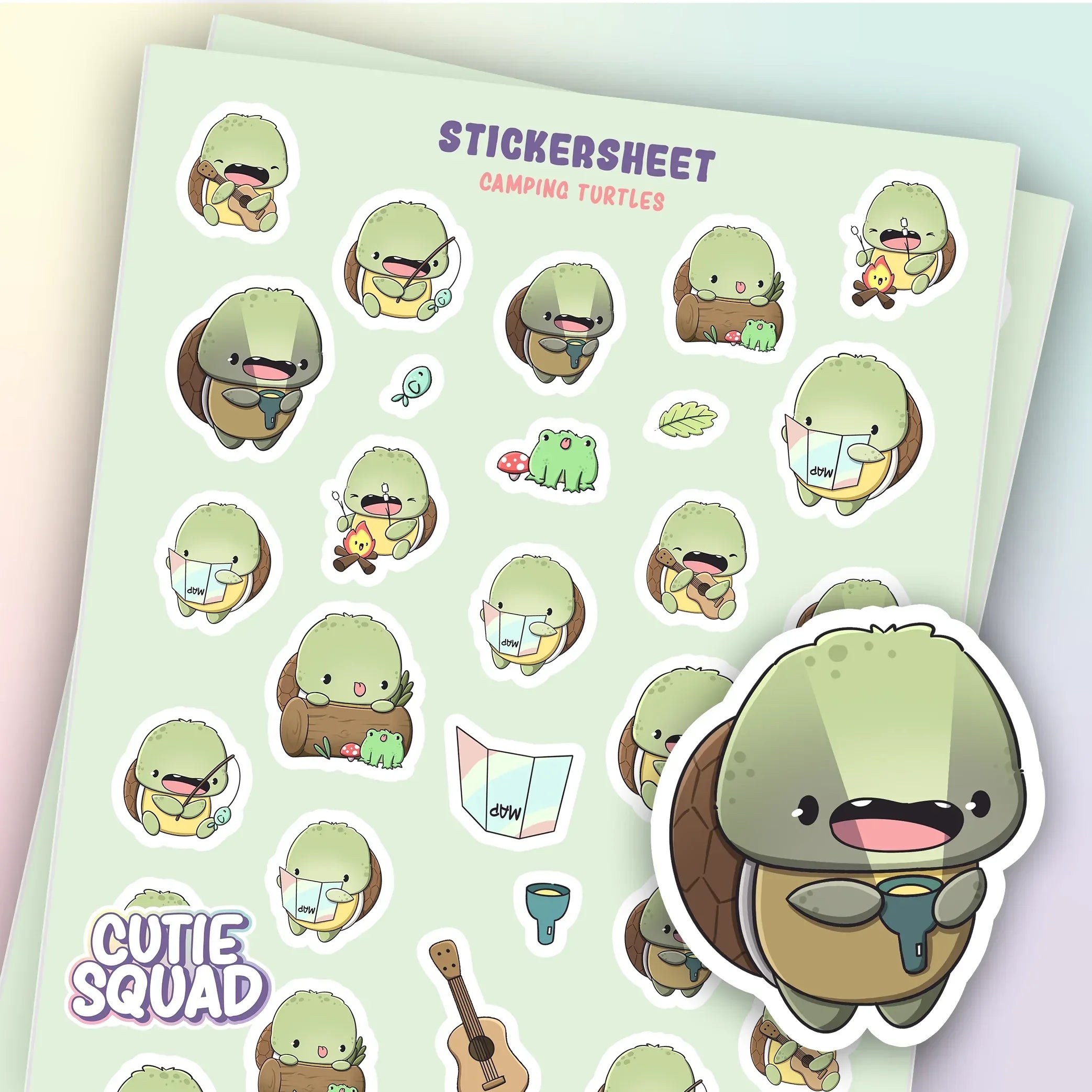 CutieSquad Camping Turtles matte vinyl sticker sheet featuring turtles with tents and campfires