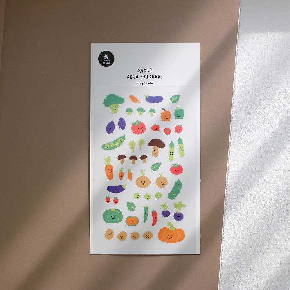 Suatelier Hehe cute vegetable deco sticker sheet with illustrated veggies with kawaii faces including broccoli, carrots, pumpkin, and mushrooms, made in South Korea