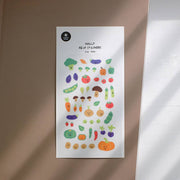 Suatelier Hehe cute vegetable deco sticker sheet with illustrated veggies with kawaii faces including broccoli, carrots, pumpkin, and mushrooms, made in South Korea