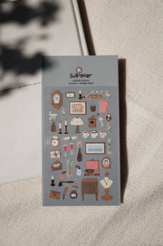 Suatelier Vintage Mood antique deco sticker sheet with illustrated clocks, candles, record player, perfume, and vintage furniture on dusty blue background, made in South Korea