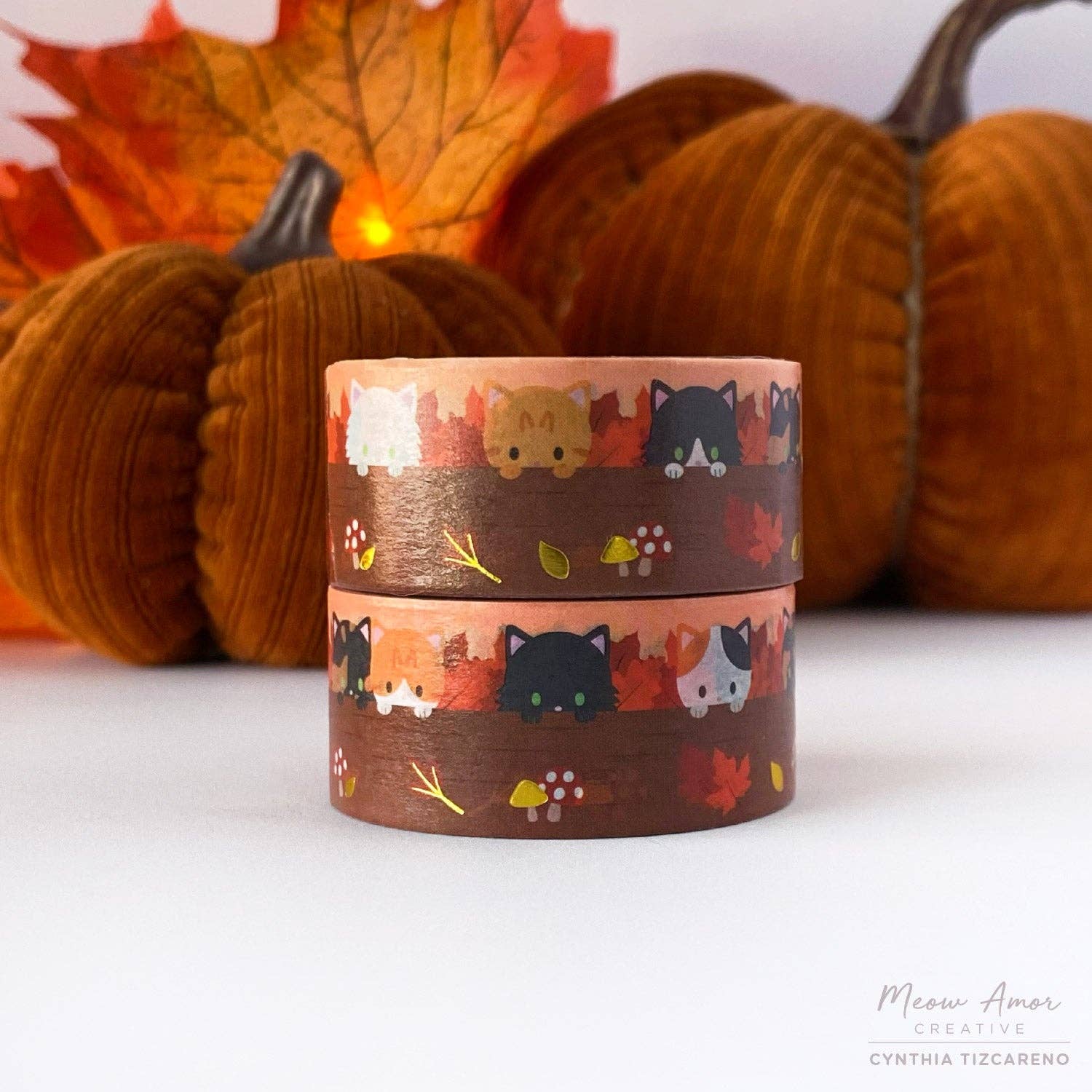 Autumn Woodland Cats Gold Foil Washi Tape by Meow Amor Creative | Papertail Fox