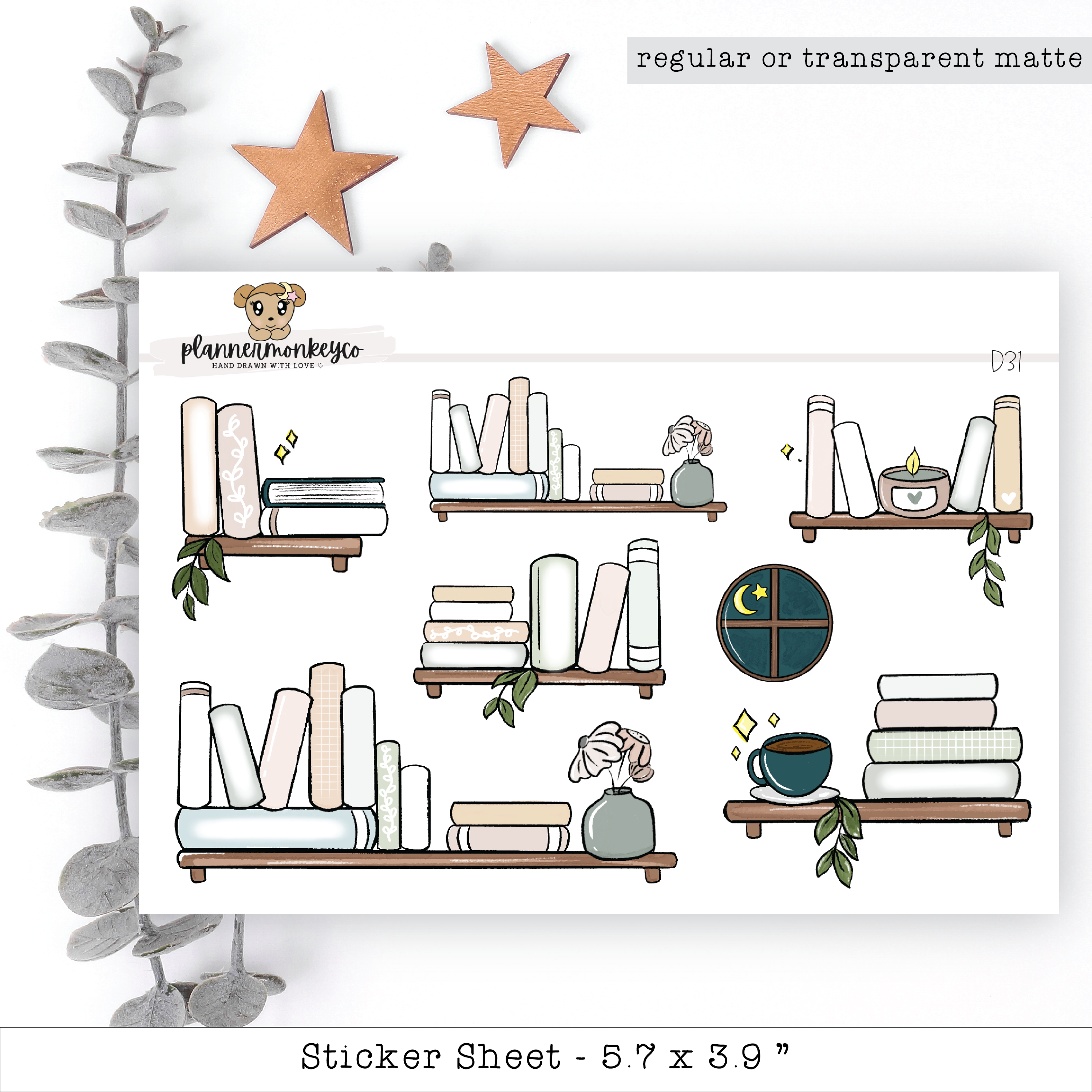 Boho Cozy Night Bookshelf Doodles | Planner Monkey Co