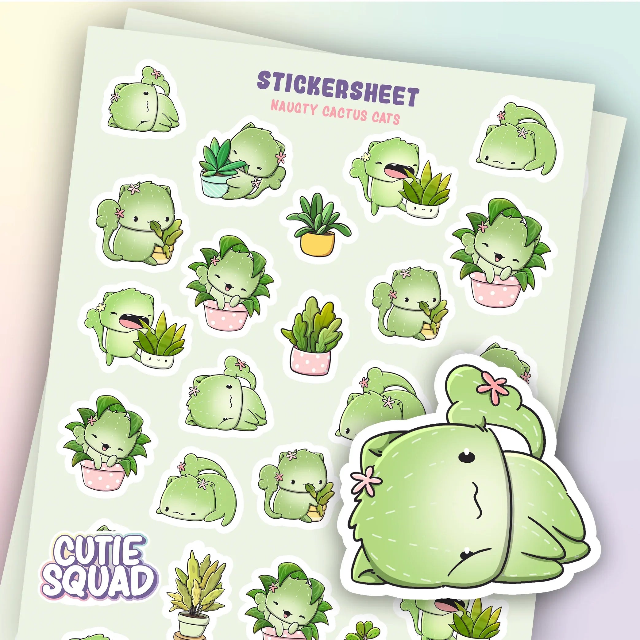 CutieSquad Naughty Cactus Cats matte vinyl sticker sheet featuring Lily and Ruu making mischief