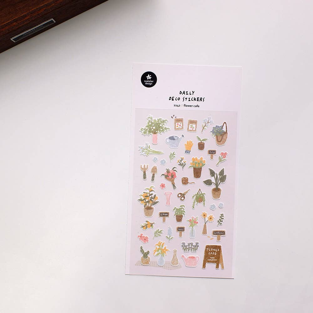Suatelier Flower Cafe botanical deco sticker sheet with illustrated potted plants, flower vases, garden tools, and tulips on pink background, made in South Korea