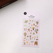 Suatelier Flower Cafe botanical deco sticker sheet with illustrated potted plants, flower vases, garden tools, and tulips on pink background, made in South Korea