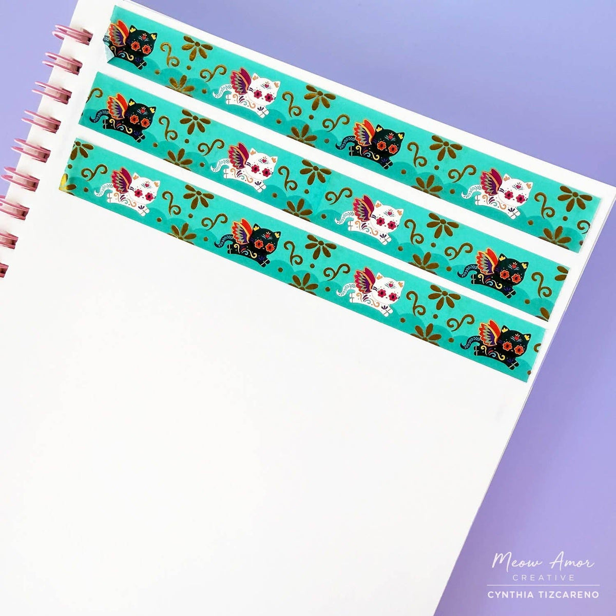 Alebrije Cats Teal Gold Foil Washi Tape | Meow Amor Creative