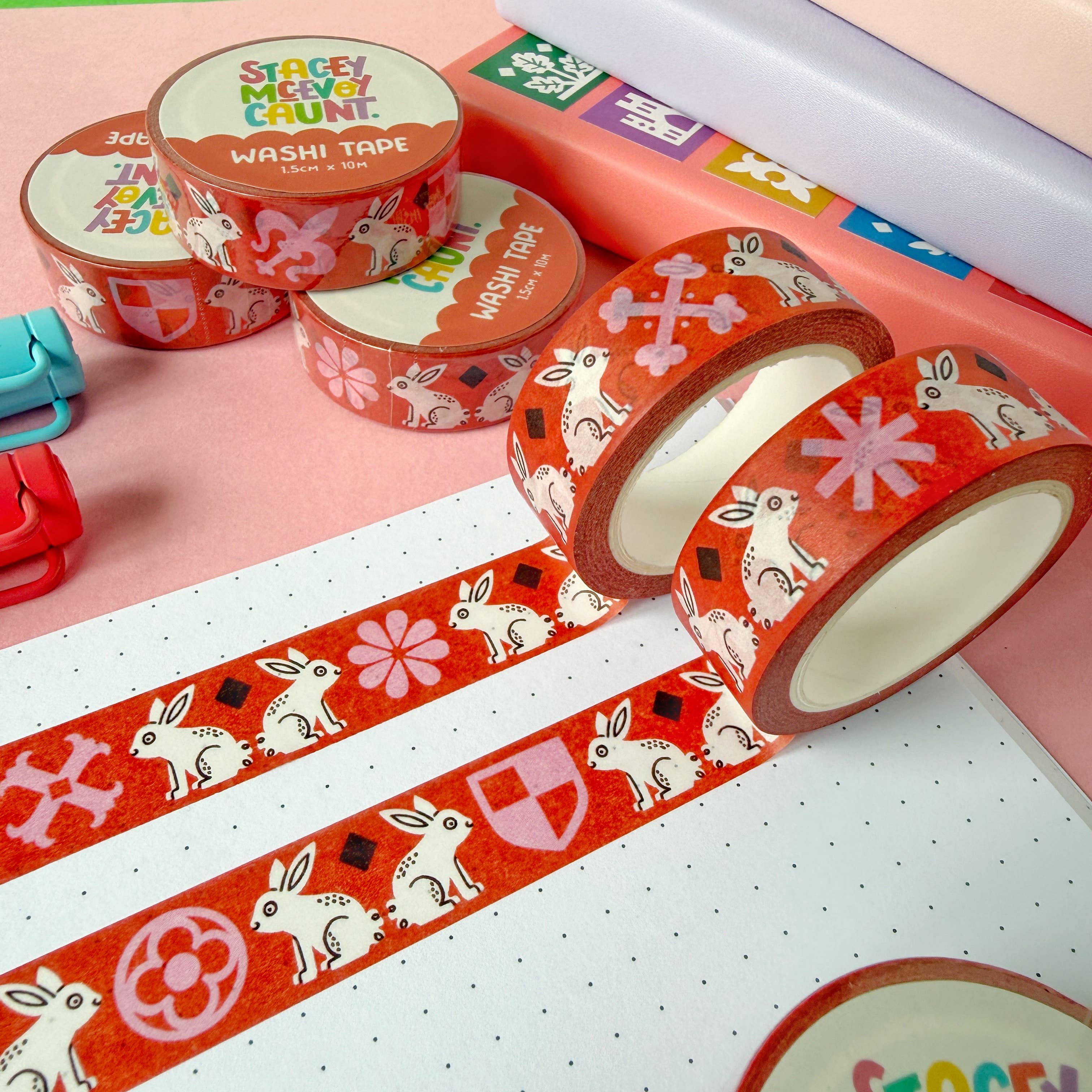 Red Medieval Bunny washi tape by Stacey McEvoy Caunt | red medieval bunny pattern | Papertail Fox