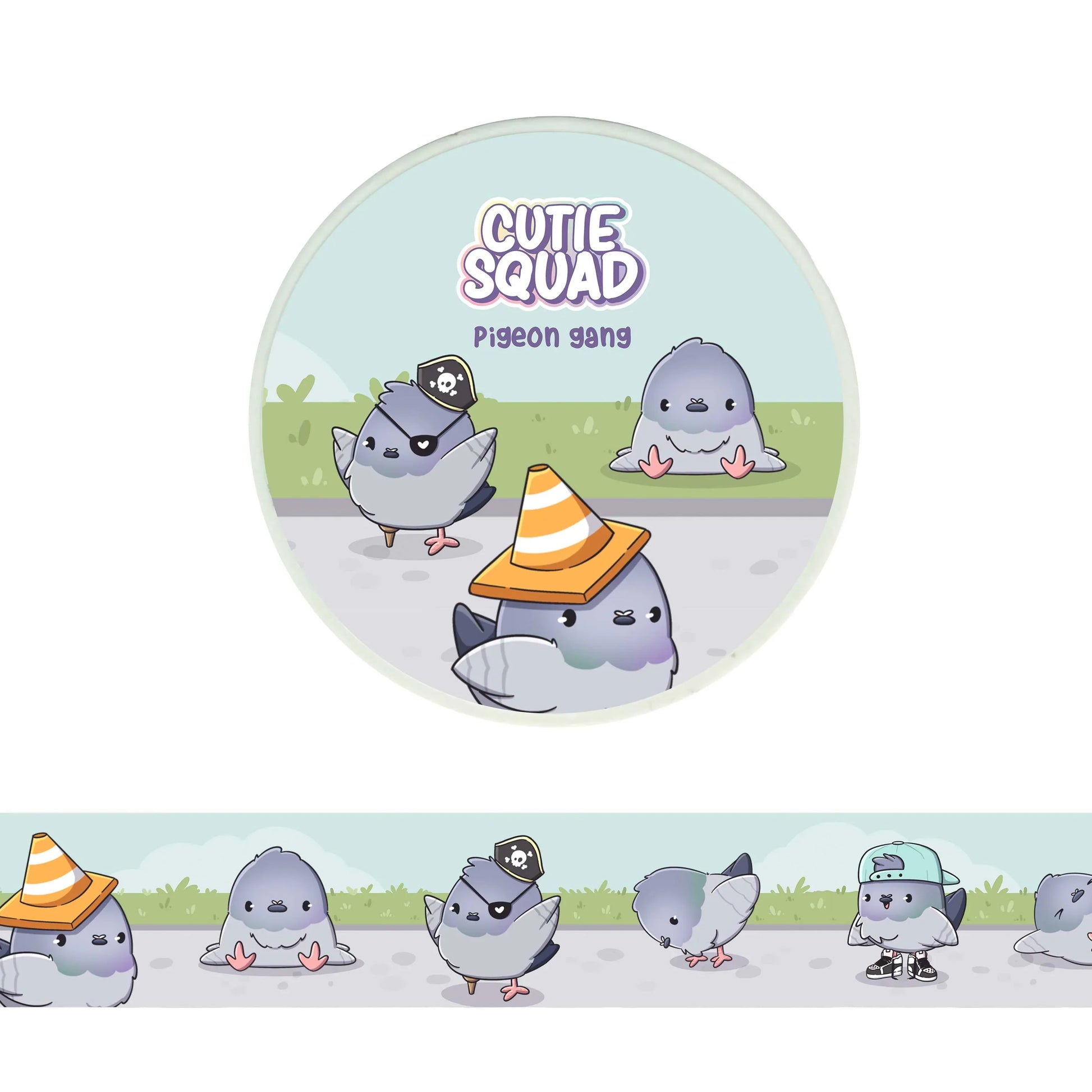 CutieSquad Pigeon Gang washi tape featuring pigeons in small hats and outfits in a repeating pattern