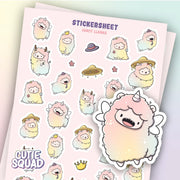 CutieSquad Fancy Llamas matte vinyl sticker sheet featuring llamas in elegant outfits and accessories