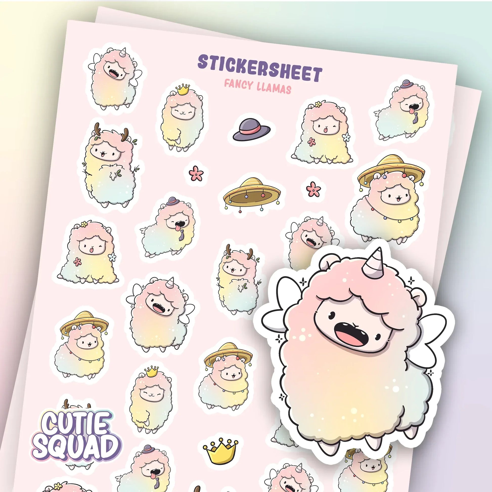 CutieSquad Fancy Llamas matte vinyl sticker sheet featuring llamas in elegant outfits and accessories