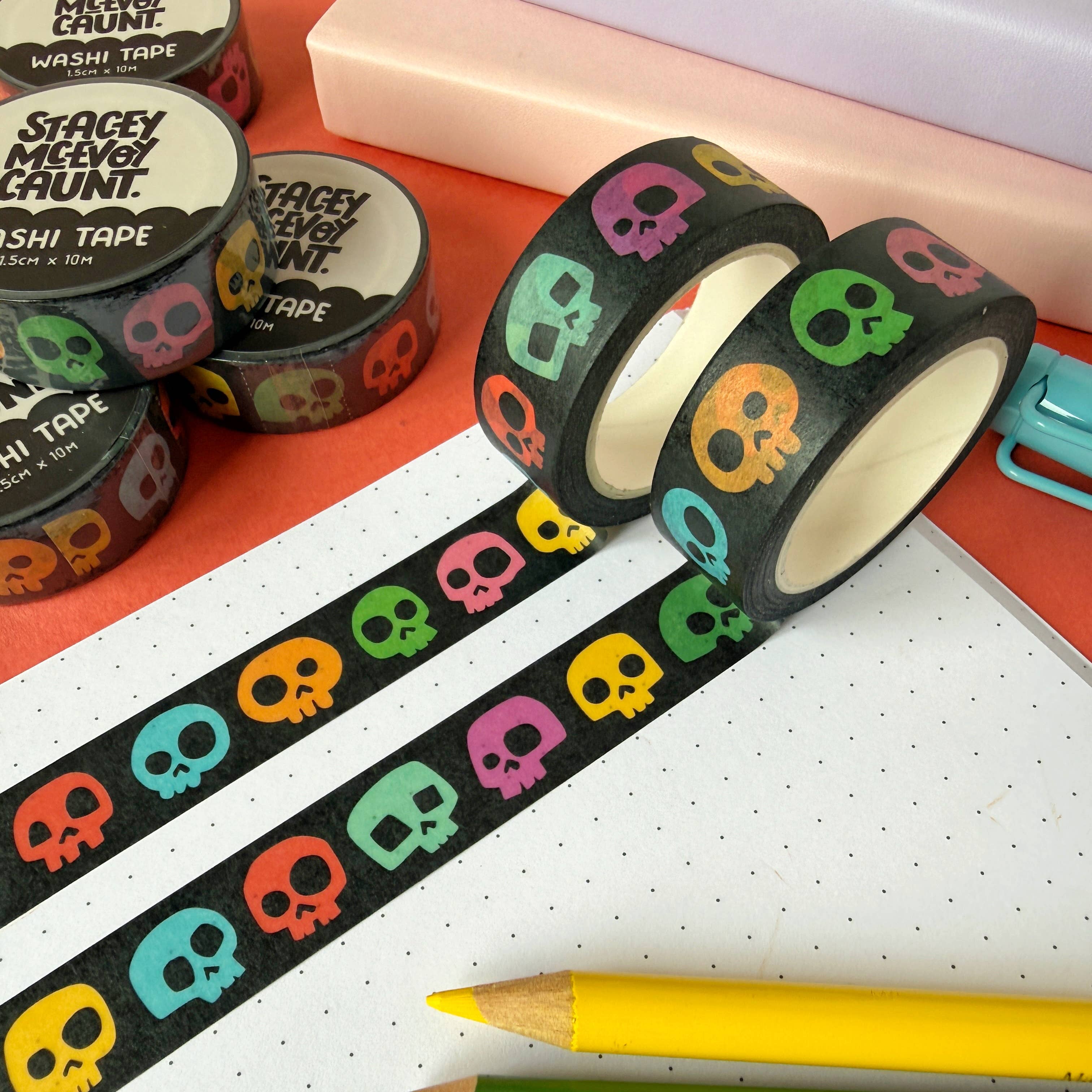 Rainbow Skulls washi tape by Stacey McEvoy Caunt | rainbow-colored skull pattern | Papertail Fox