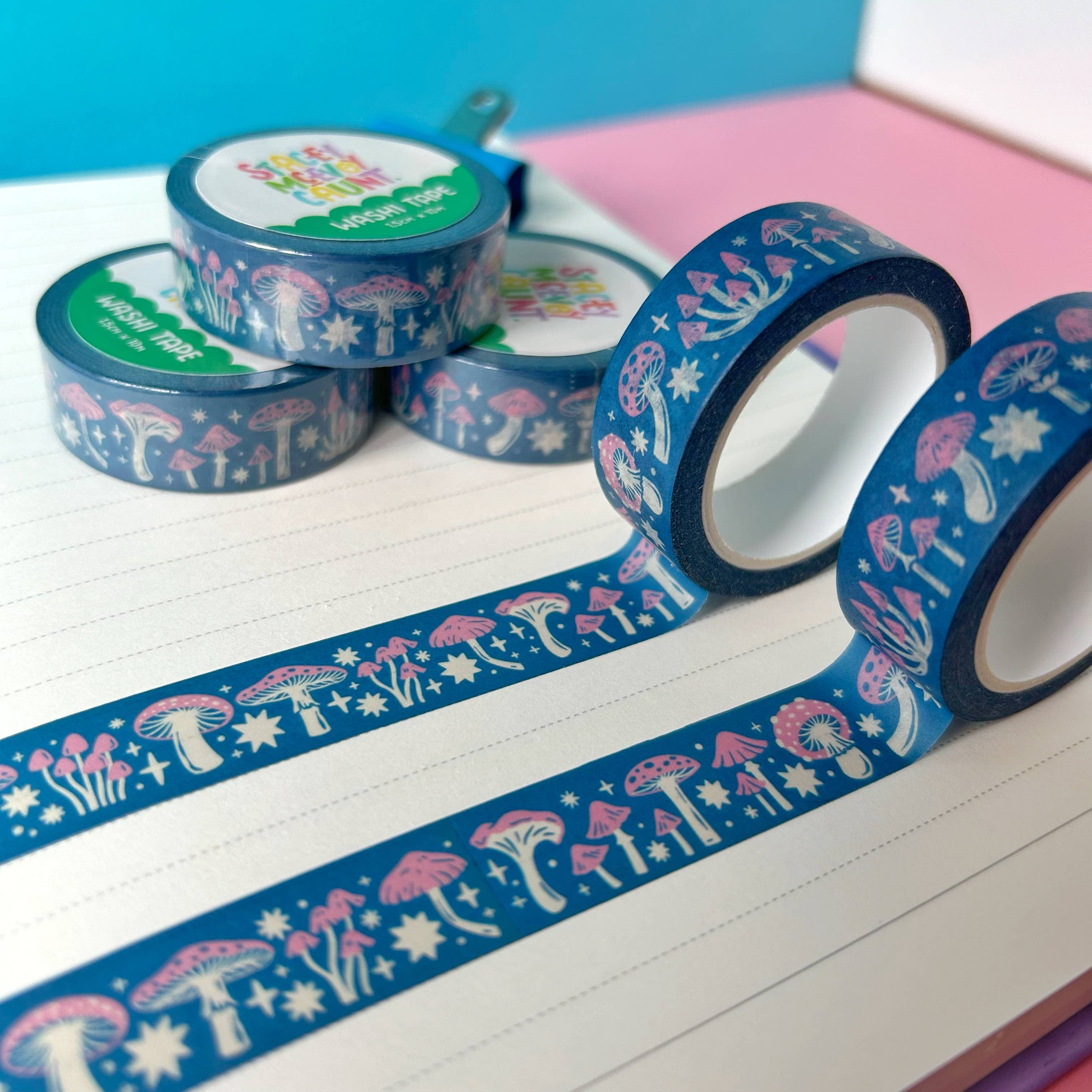Pink and Blue Mushroom washi tape by Stacey McEvoy Caunt | pink and blue mushroom pattern | Papertail Fox