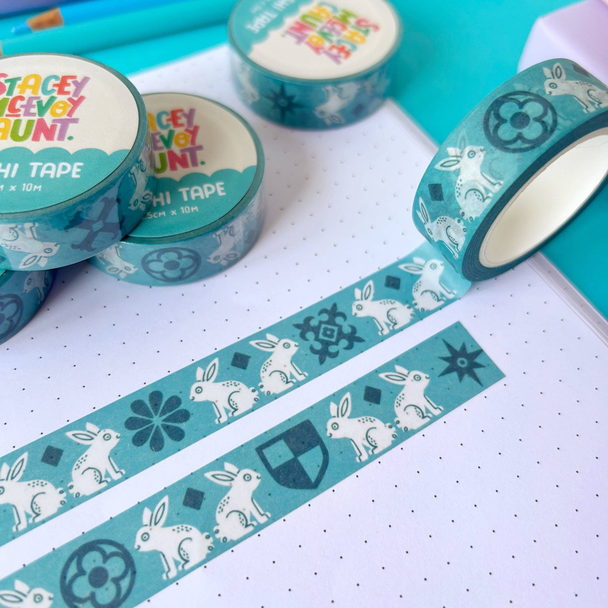 Blue Medieval Bunny washi tape by Stacey McEvoy Caunt | blue medieval bunny pattern | Papertail Fox
