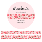 Pink strawberry and white flower pattern washi tape. 1.5cm wide sweet fruit themed masking tape by @penpaling_paula for scrapbooking and letters