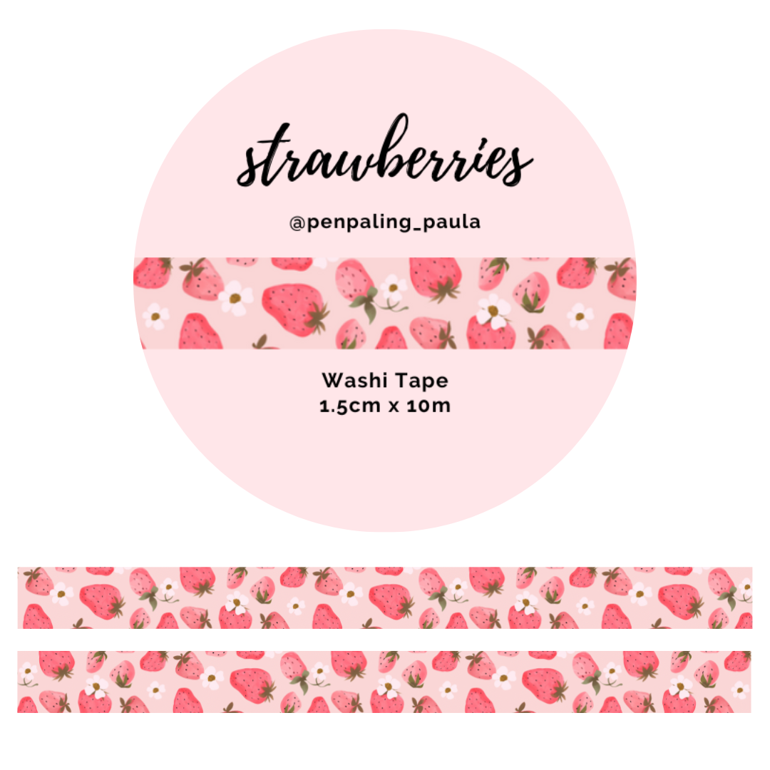 Pink strawberry and white flower pattern washi tape. 1.5cm wide sweet fruit themed masking tape by @penpaling_paula for scrapbooking and letters