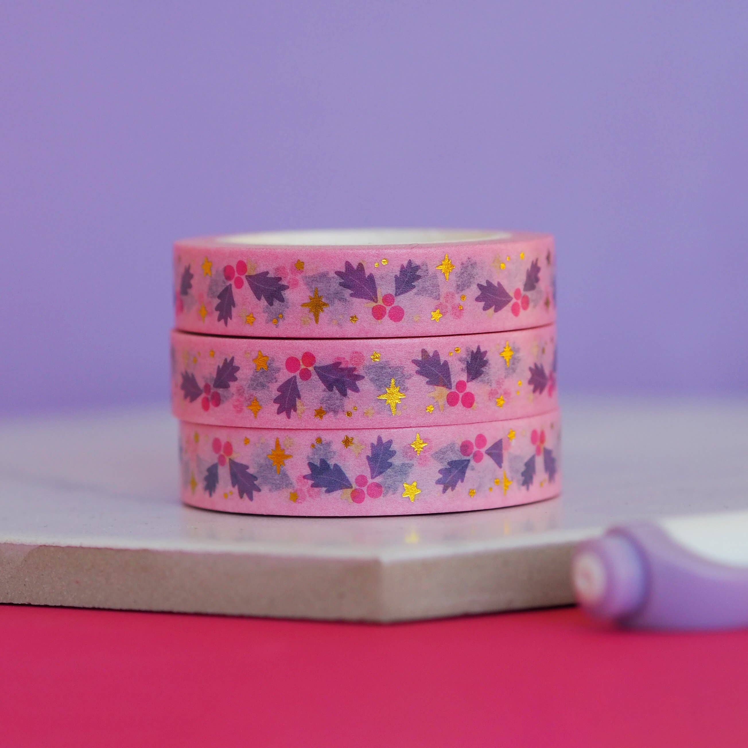 Pink Holly Christmas Gold Foil Washi Tape | Nutmeg and Arlo