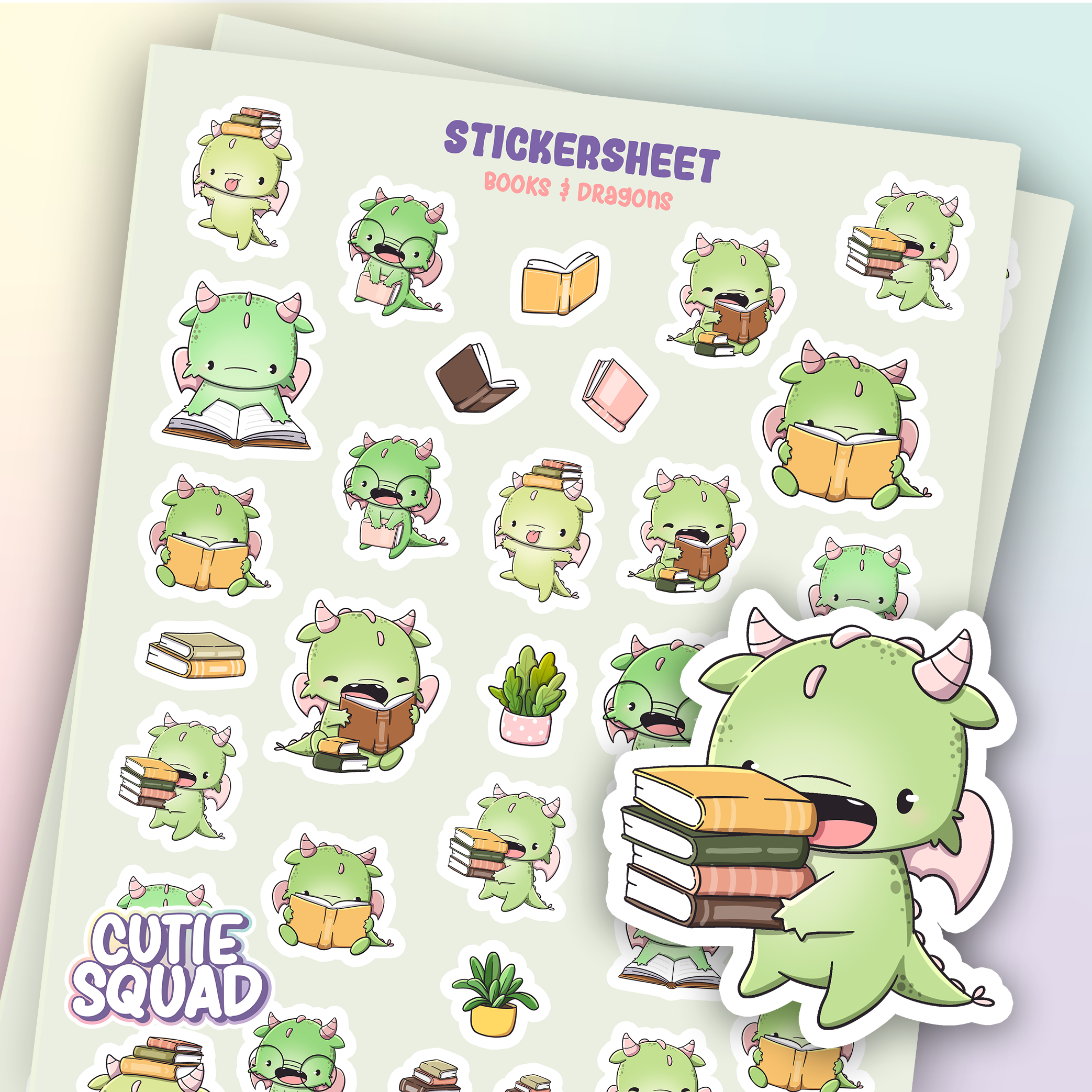 CutieSquad Books and Dragons matte vinyl sticker sheet featuring illustrated dragons reading books