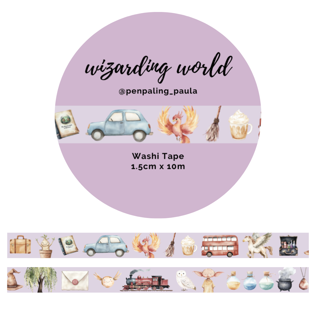 Lavender wizarding world washi tape featuring watercolor illustrations of a magic train, flying car, owl, and potions. 1.5cm wide fantasy themed masking tape by @penpaling_paula for journals and planners