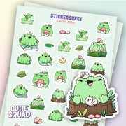 CutieSquad Garden Frogs matte vinyl sticker sheet featuring frogs with garden tools and plants