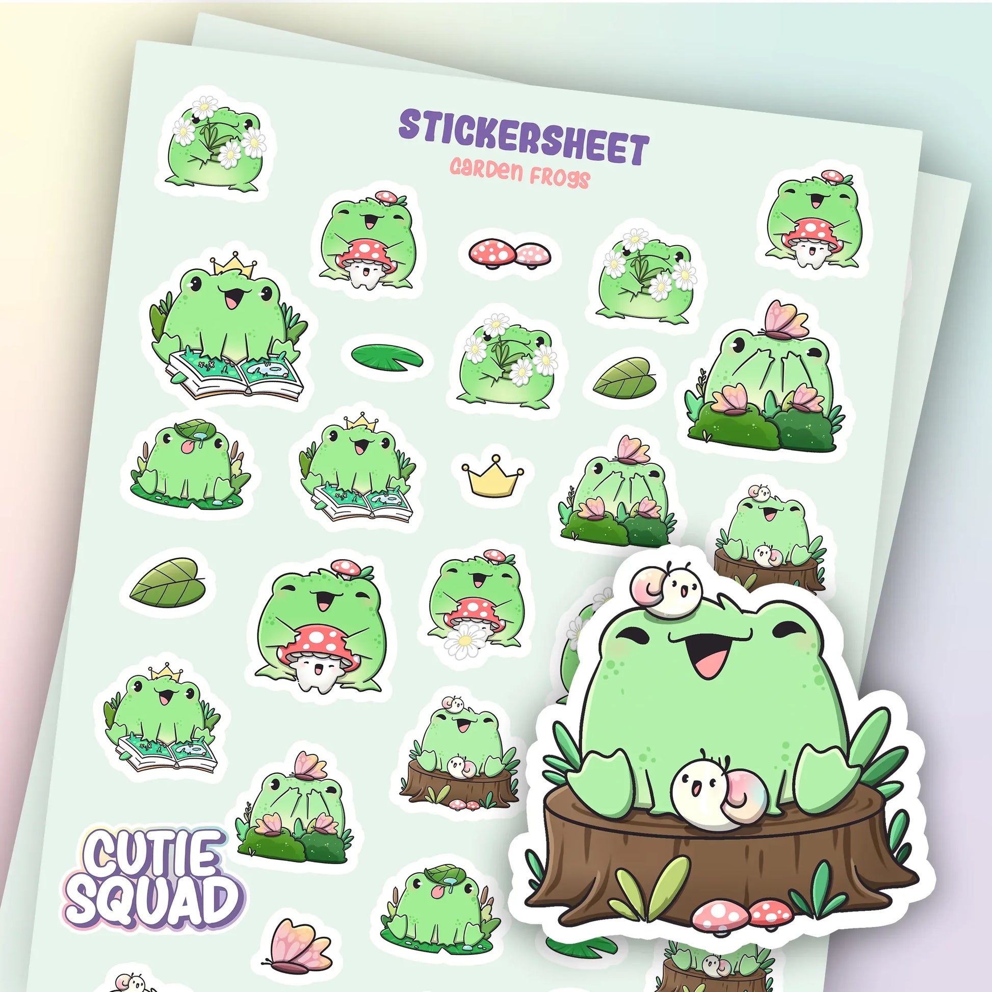 CutieSquad Garden Frogs matte vinyl sticker sheet featuring frogs with garden tools and plants