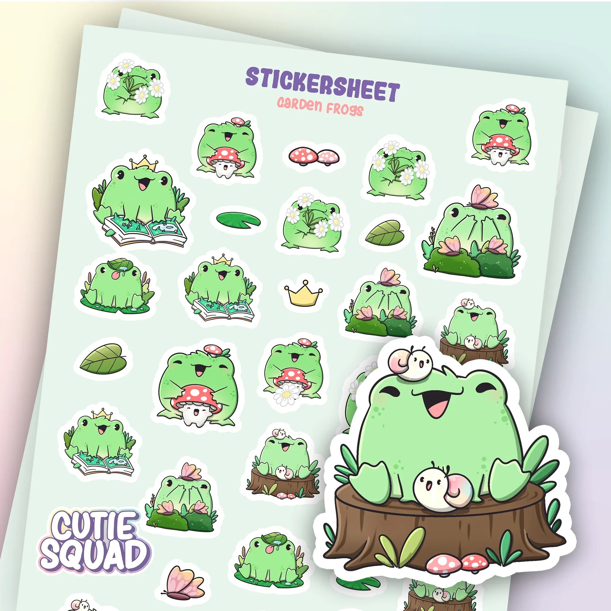 CutieSquad Garden Frogs matte vinyl sticker sheet featuring frogs with garden tools and plants