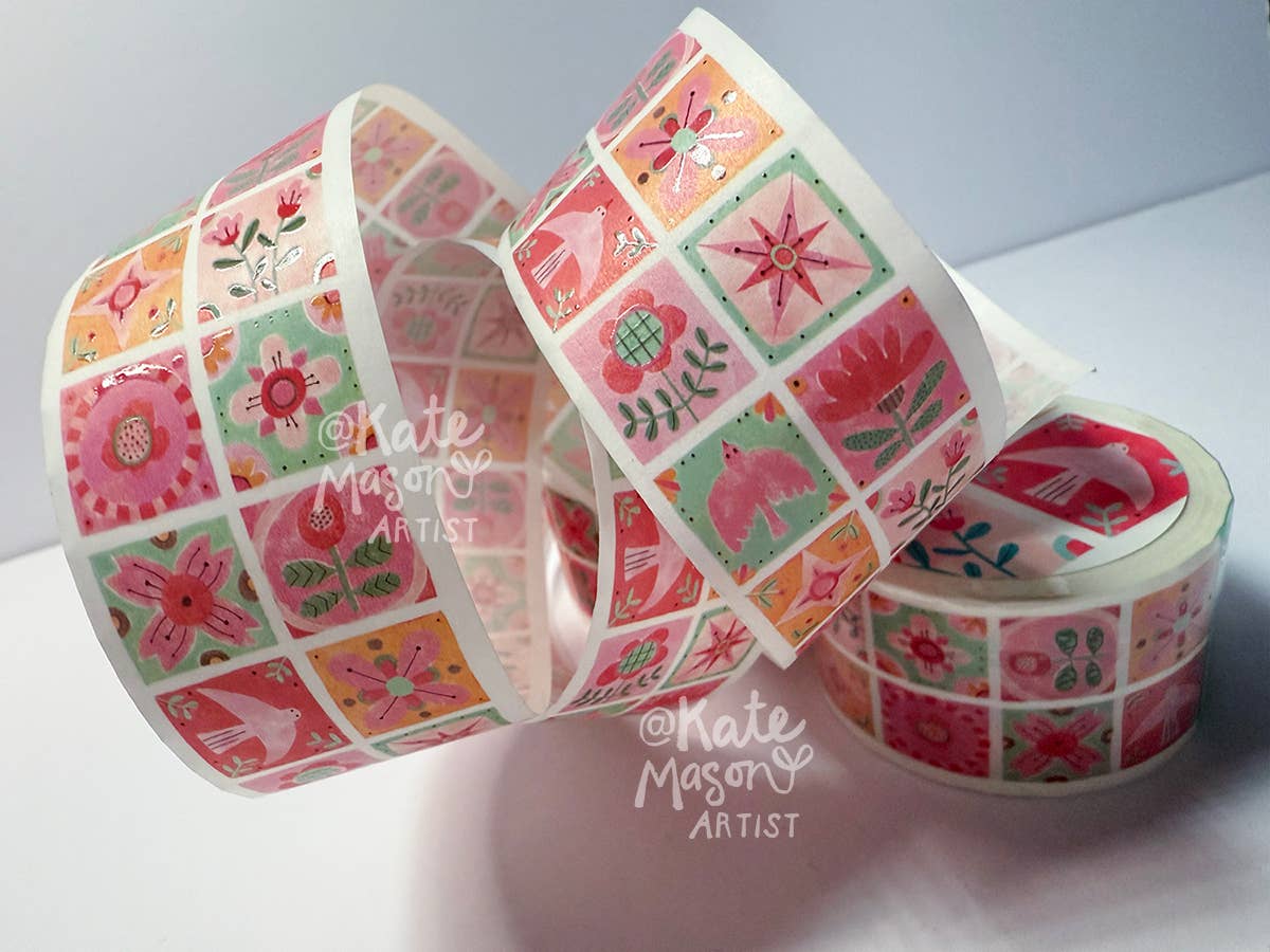 Folk Patchwork Mint Red 30mm Washi Tape by Kate Mason Artist | Papertail Fox