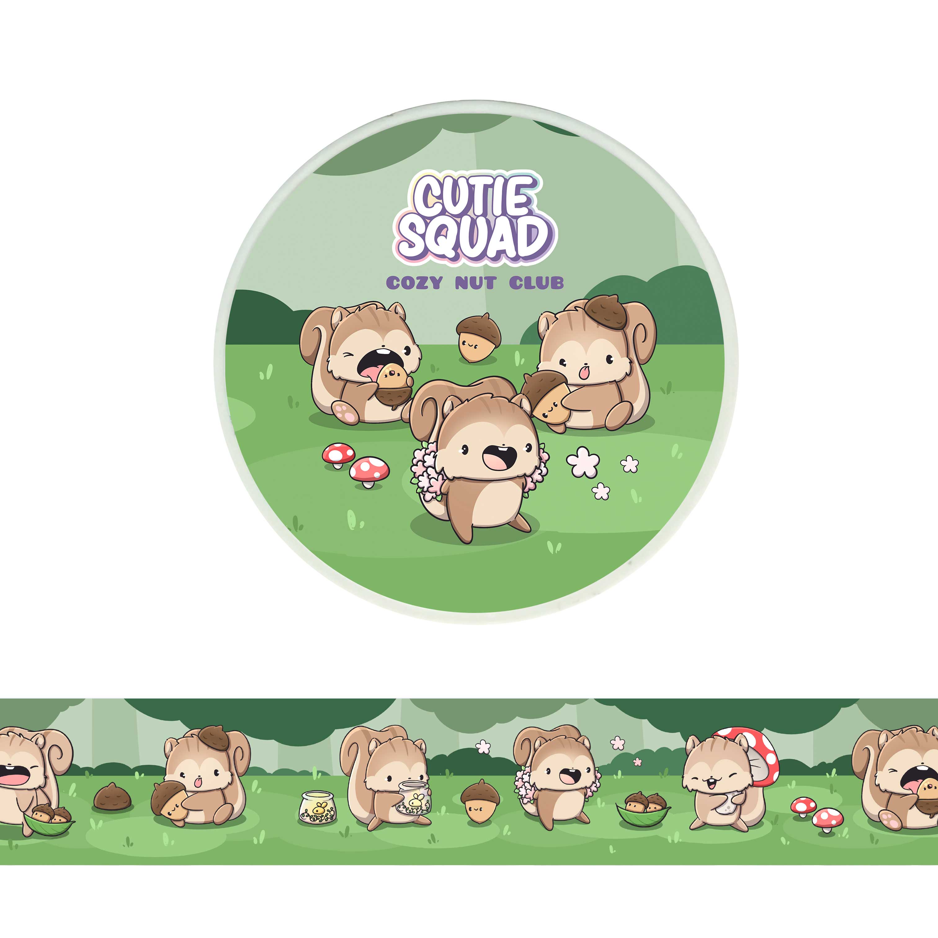 CutieSquad Cozy Nut Club washi tape featuring squirrels acorns and autumn leaves