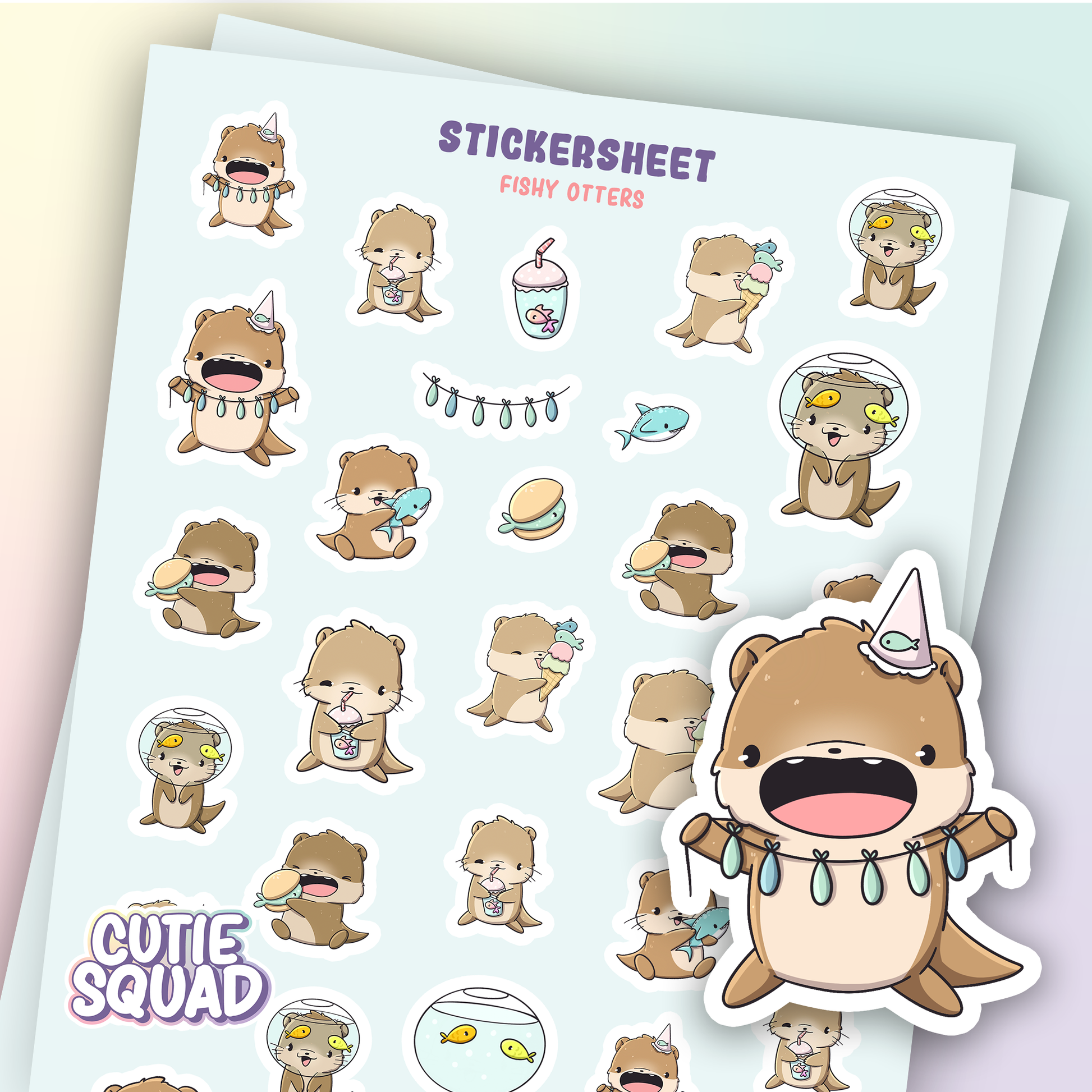 CutieSquad Fishy Otters matte vinyl sticker sheet featuring otters with fish and seaweed