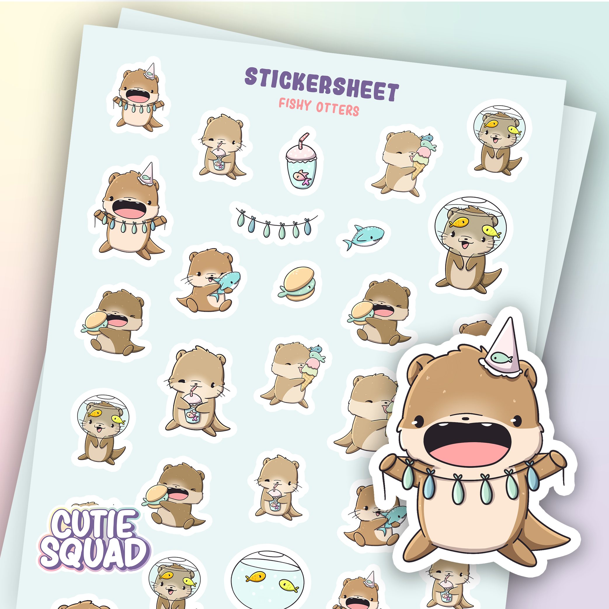 CutieSquad Fishy Otters matte vinyl sticker sheet featuring otters with fish and seaweed