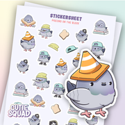 CutieSquad Pigeons on the Block matte vinyl sticker sheet featuring pigeons wearing hats and accessories