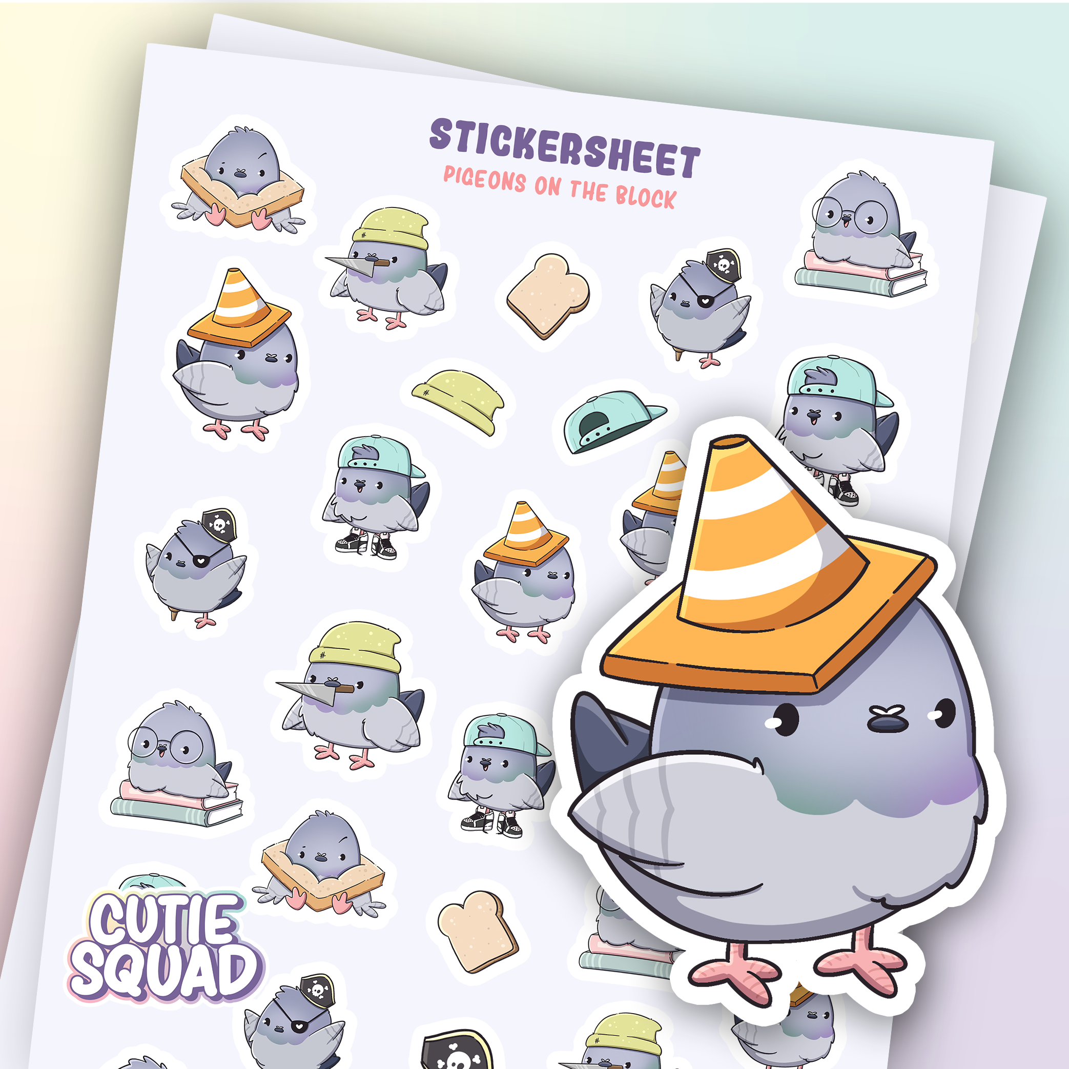 CutieSquad Pigeons on the Block matte vinyl sticker sheet featuring pigeons wearing hats and accessories