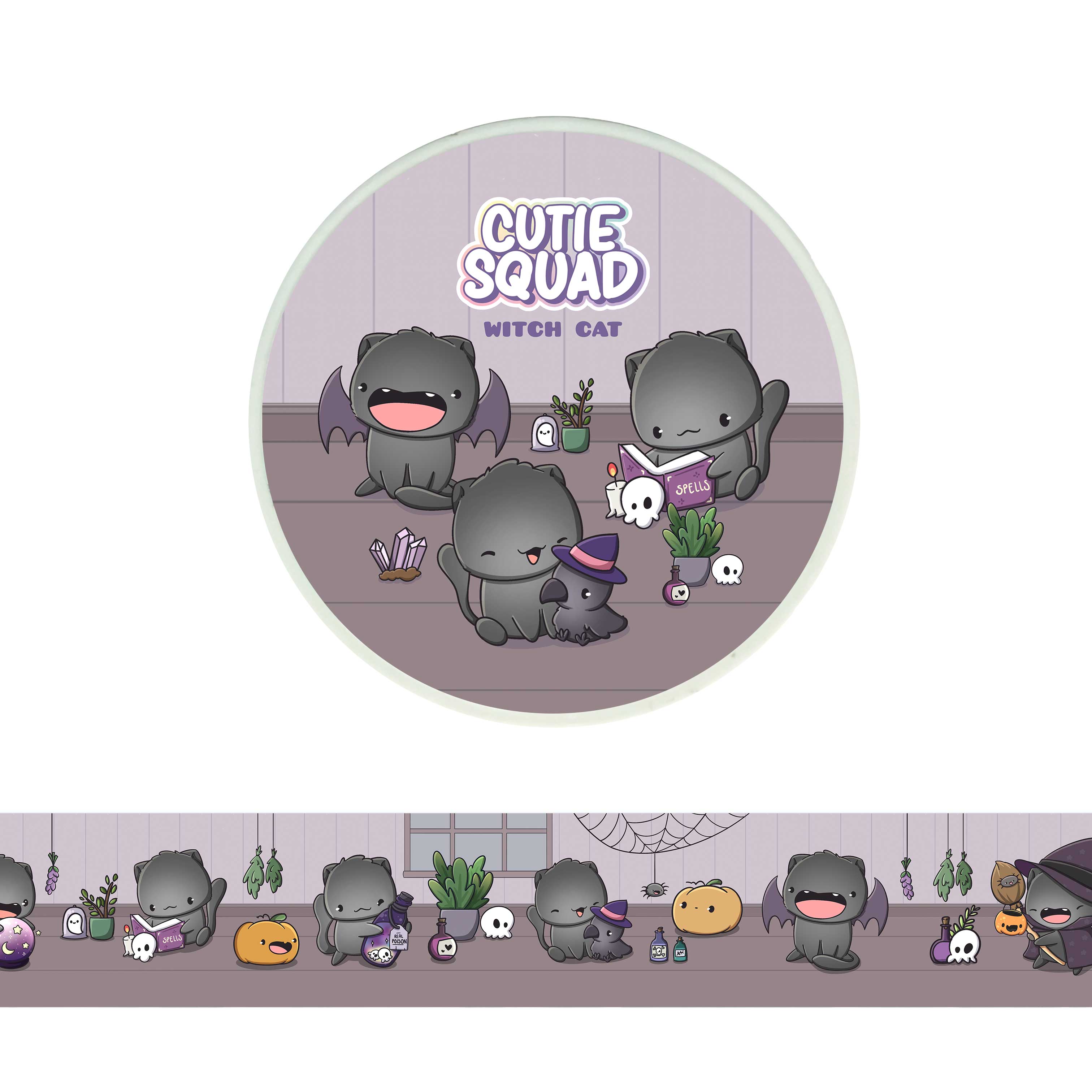 CutieSquad Witch Cat washi tape featuring cats with pointy hats brooms and spell books