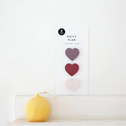Suatelier Daily Plan heart-shaped sticky notes in three colors: plum, wine red, and blush pink, made in South Korea